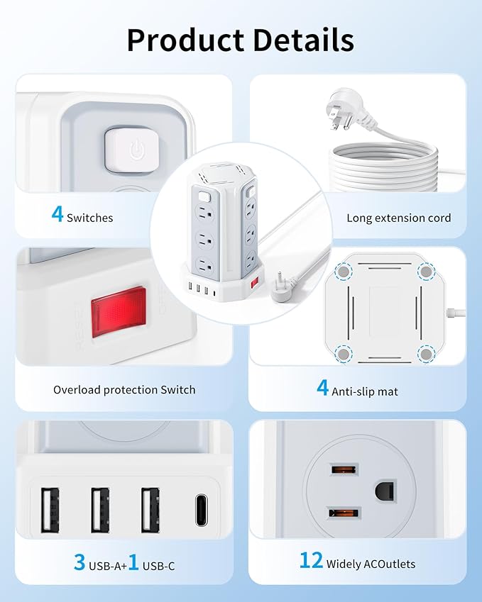 Power Strip Surge Protector, 16.4 Ft Extension Cord with 12 AC Multiple Outlets 4 USB (1 USB C), SMALLRT Power Tower Desktop Charging Station