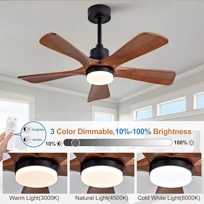 42 Inch Ceiling Fans with Lights and Remote Control, Outdoor Ceiling Fan for Patios, Black Ceiling Fan with Lights for Bedroom, Noiseless DC Motor, Dimmable Led 5 Solid Wood Blades