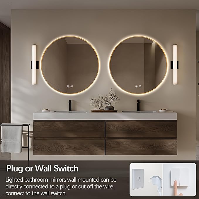 Niccy Round Led Mirror for Bathroom, 30" Backlit Mirror for Wall Circle Lighted Mirror with Gold Frame Anti-Fog, 3 Colors, HD Glass and IP65 Waterproof