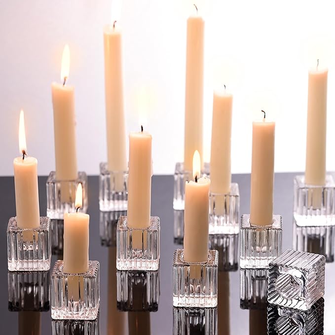 LETINE Glear Candlestick Holders Set of 12 - Elegant Cube Taper Candle Holders for Rustic Wedding Centerpieces, Valentines Day Decorations, Party Decorations, and Home Decor