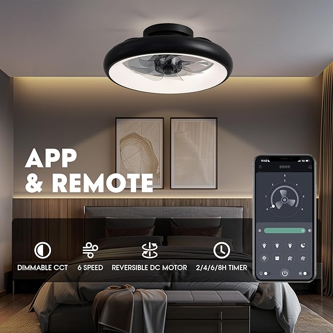 Ceiling Fan with Lights, 15" Flush Mount, Black Low Profile with 6 Wind Speeds, Smart Dimmable LED for Bedroom, Living Room