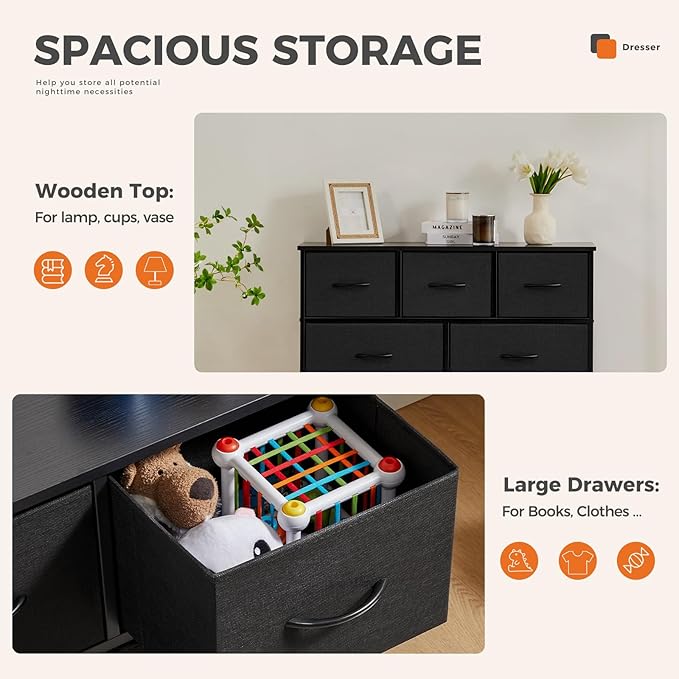 Sweetcrispy Dresser for Bedroom with 9 Storage Drawers, Tall Large Fabric Storage Tower Organizer, Chest of Drawers with Metal Frame Wooden Top for Nursery, Closet, Living Room, Entryway, Black