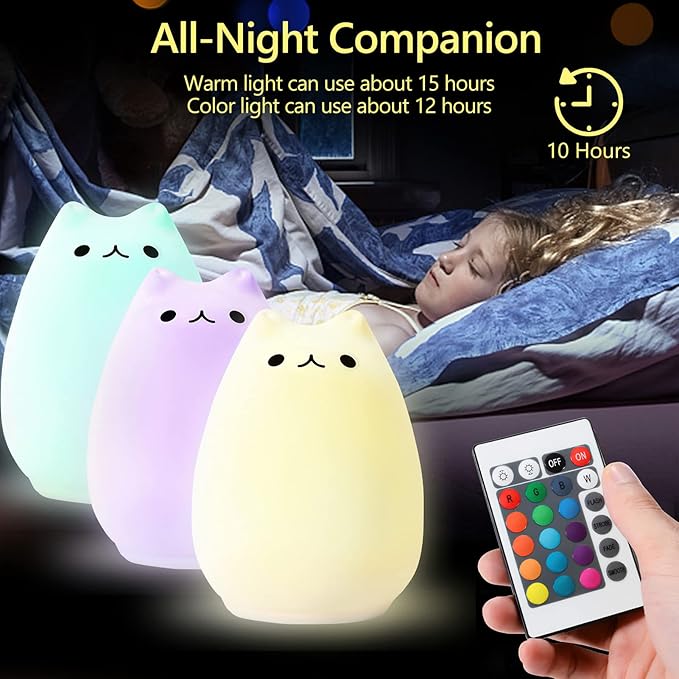 Litake Cute Cat Night Light, Squishy 16 Colors Changing Cat Lamp with Remote, Kitty Cat Touch Light, Silicone Baby Nightlight for Kids,Christmas Gifts for Kids Girls Boys Teen Room Decor Multi-Mode