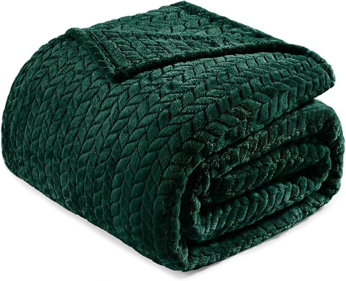 Exclusivo Mezcla Fleece Queen Size Blanket for Bed, 90x90 Inches Soft Cozy Jacquard Flannel Blankets, Lightweight Fuzzy Plush Warm for Winter, Forest Green