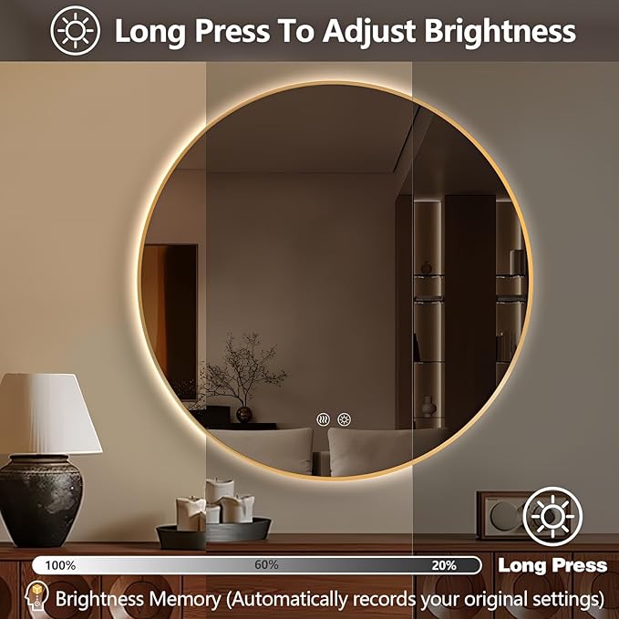 Niccy Round Led Mirror for Bathroom, 40" Backlit Mirror for Wall Circle Lighted Mirror with Gold Frame Anti-Fog, 3 Colors, HD Glass and IP65 Waterproof