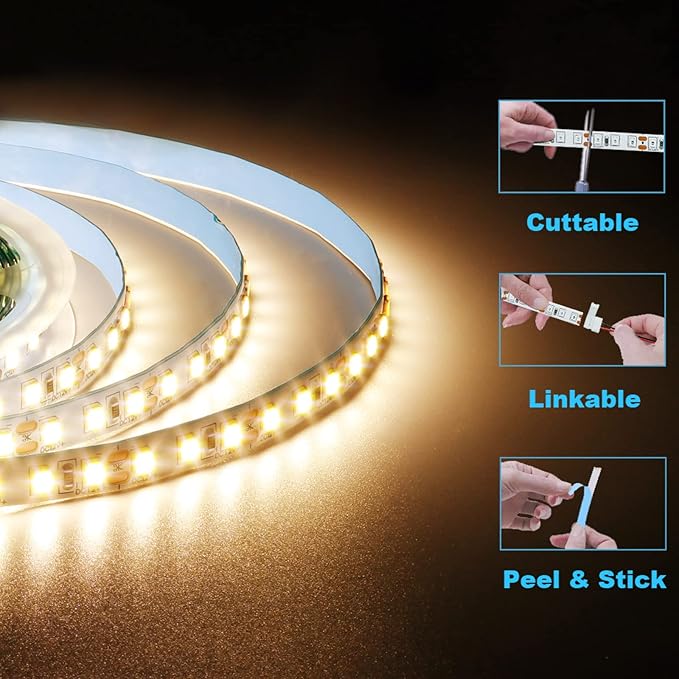 12V 5M/16.4ft LED Strip Light Warm White 3000K 600LEDs Flexible SMD2835 High Brightness No-Waterproof IP20 LED Tape Lights for Bedroom Kitchen Party etc(No Power Supply)