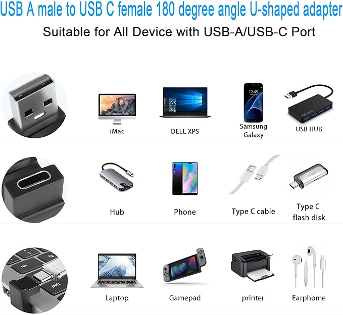 QIANRENON USB 3.1 to USB C U-Shape Angle Adapter 10Gbps USB A Male to USB C Female 180° Angle Connector, for 3A Charging OTG Data Transfer, for Laptop Tablet,2Pcs (Female up)