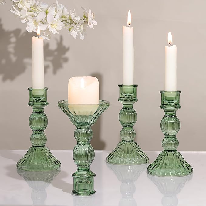 DARJEN Green Candlestick Holders Set of 4 - Vertical Stripe Glass Candle Holders for Candlesticks and Taper Candles, Taper Candle Holder for Wedding, Home, Decor & Table Centerpieces