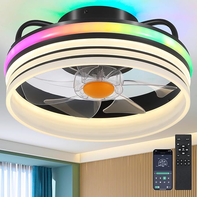 Flush Mount Ceiling Fan with Light - Small Low Profile Ceiling Fan,13" RGB Dimmable LED Bladeless Ceiling Fans, Modern Enclosed LED-RGB Ambient Light for Bedroom, Kids Room, Party