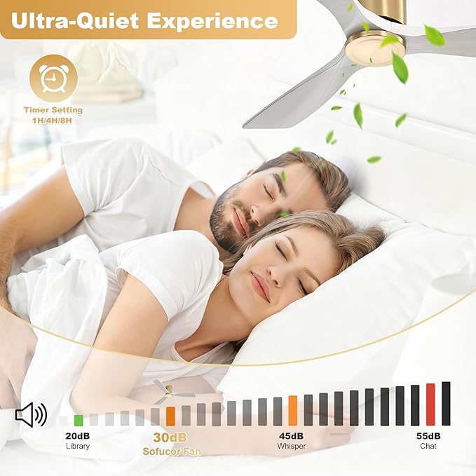 Sofucor 52 Inch Ceiling Fan No Light, Flush Mount Ceiling Fans with Remote, Solid Wood Indoor/Outdoor Ceiling Fans Without Lights, Reversiable DC Motor, Modern Ceiling Fan for Bedroom Farmhouse Patio