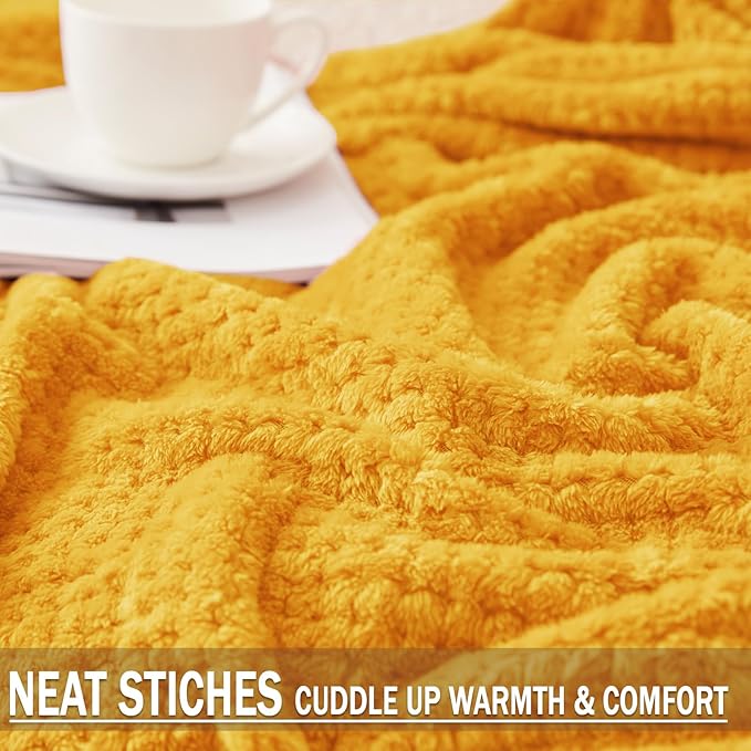 Exclusivo Mezcla Fleece Bed Blanket Queen Size, Super Soft and Warm Blankets for Couch, Sofa and Bed Waffle Textured, Cozy, Fuzzy and Lightweight (Mustard Yellow, 90x90 Inches)