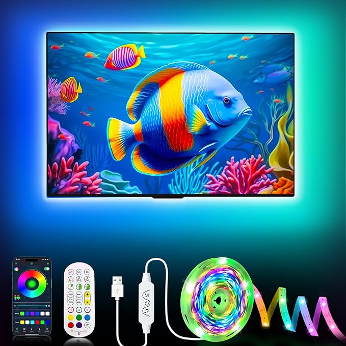 Daymeet LED Lights for TV, 23ft TV LED Lights for 75-100 inch,RGBICW TV Backlight Behind,USB Led Light Strip for Color Changing Music Sync Bluetooth APP Control for Bedroom