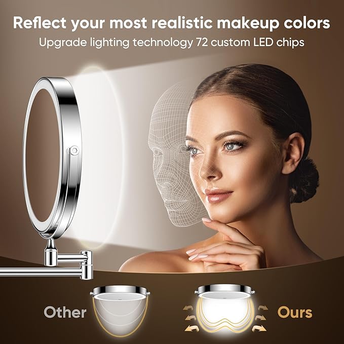 FASCINATE Rechargeable Wall Mounted Makeup Mirror with Lights and Magnification, 8 Inch Double Sided 1X 10X Magnifying Bathroom Mirror with 3 Color Lights & 360° Rotation Vanity Mirror - Chrome