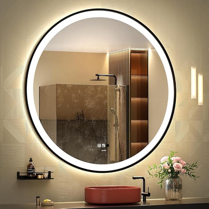 LED Sensor Mirror, 40 inch Round Human Body Induction, Black Framed Vanity Mirror, Illuminated Dimmable Anti Fog IP44 Waterproof Bathroom Wall Mounted Blacklit Mirror with Lights