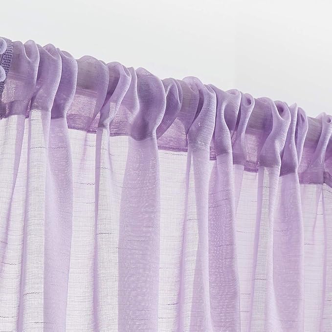 Treatmentex Pom-Pom Sheer Curtains for Kid's Room, 63" Linen Textured Volie Window Curtain Panels Lilac 52" w 1 Pair