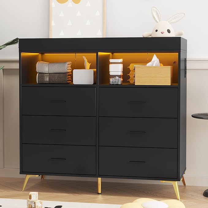 GarveeHome Dresser for Bedroom with 6 Drawers, Baby Changing Table Dresser with Changing Pad, LED Lights & Charging Station, Baby Changing Station with Changing Table Top, Black