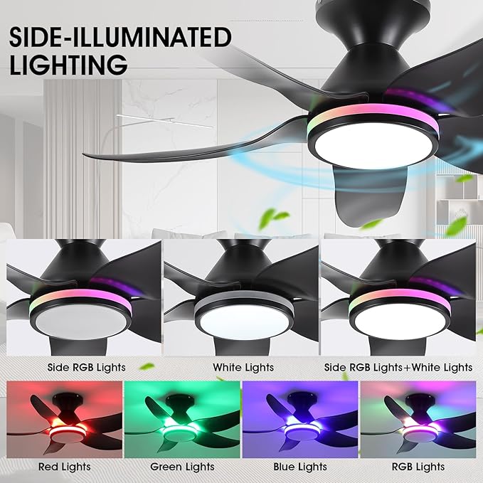 Ceiling Fans with Lights Remote/APP Control, 38" Low Profile Ceiling Fans with Dimmable White Colors+ RGB Ring Lights, 6 Speeds 5 Reversible Blades for Kids Room Bedroom Living Room, Black
