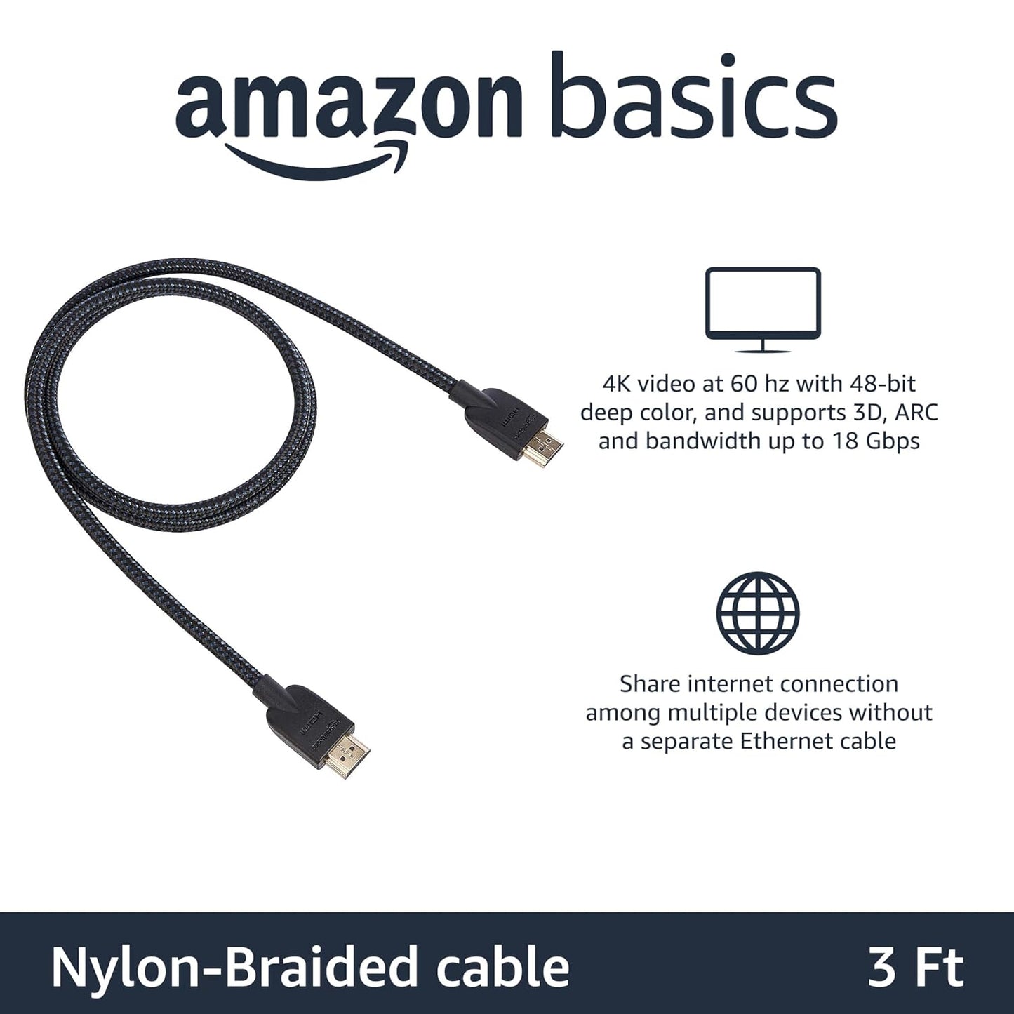 2.0 3ft, 4K@60Hz, 18Gbps, 2160p, 48 TV/PS5/Xbox/Roku/Blu-ray, Amazon Basics Nylon-Braided HDMI Cable, bit, Compatible