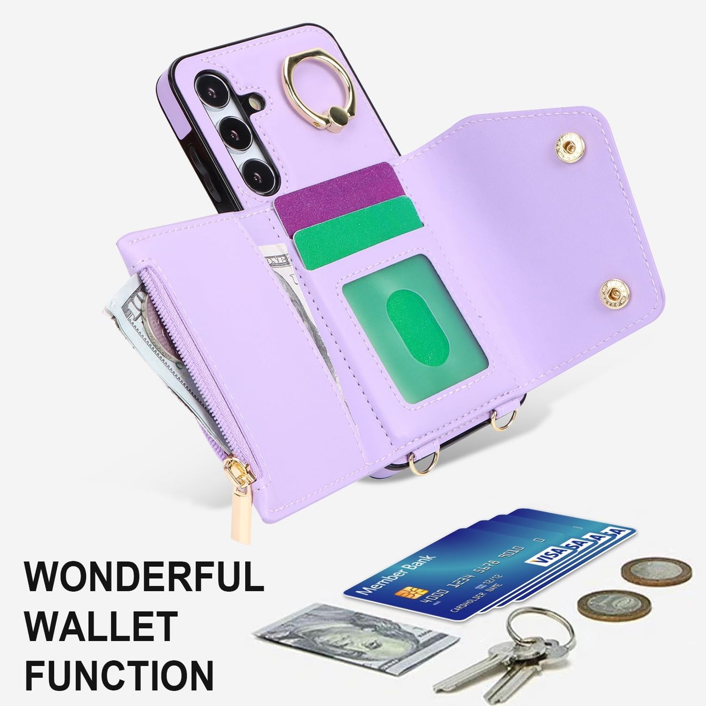 Samsung Galaxy S24 Phone Case for Women, Crossbody Wallet Case with Credit Card Holder Lanyard Shockproof Purse