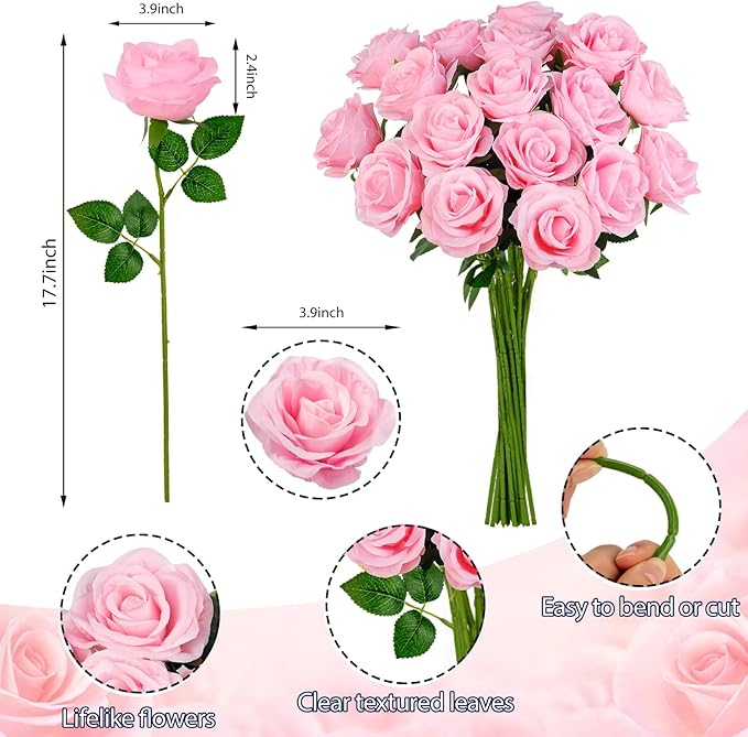 Ouddy Decor 20 Pcs Red Roses Artificial Silk Flowers Fake Roses Bouquet with Long Stems for Valentines Day Decor Wedding Home Party Table Centerpieces Bridal Bouquet DIY Floral Arrangment, Pink