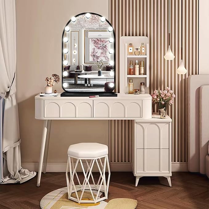 Hollywood Arch Black Vanity Makeup Mirror with Lights 15 Bulbs Dimmable 3Color Black Lighted Vanity Mirror for TableTop Wall Detachable Base X10 Magnifying Arch Makeup Desk Mirror with Lights