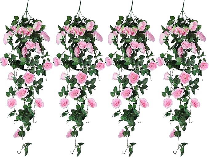 RECUTMS 4PCS Artificial Rose Vine Hanging Plants Fake Flower Outdoor Flowers UV Resistant for Indoor Outside Garden Porch Window Box Home Wedding Farmhouse (Pink)