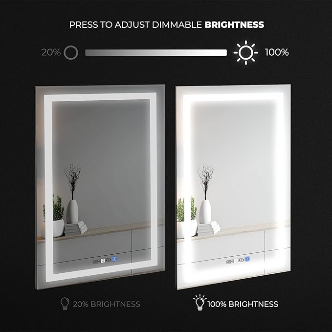 Fab Glass and Mirror LED Mirror 28x36 Inches, Led Bathroom Mirror with Lights Front and Backlit Anti-Fog Memory Brightness, Three Color Options Frameless Wall Mounted Bathroom Vanity Mirror