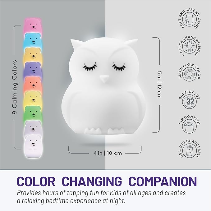 Lumipets Animal Kids Night Light, Junior Owl, Soft and Safe Silicone Rubber Lamp, Soothing Colors, Portable, Easy Control