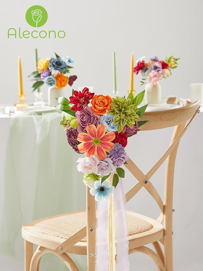 Alecono Artificial Flowers, Colorful Combo Silk Fake Flowers with Stems for DIY Wedding Bridal Bouquets, Floral Arrangement Home Cake Decor