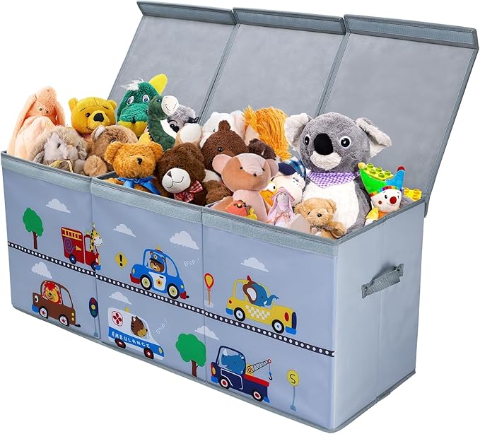 Toy Box Chest for Kids, Collapsible Oxford Toy Storage Box with Handles for Boys, Extra Large Sturdy Waterproof Toy Organiser for Bedroom Playroom, 37.7×12.5×15.7 Inch (Animal Cars)