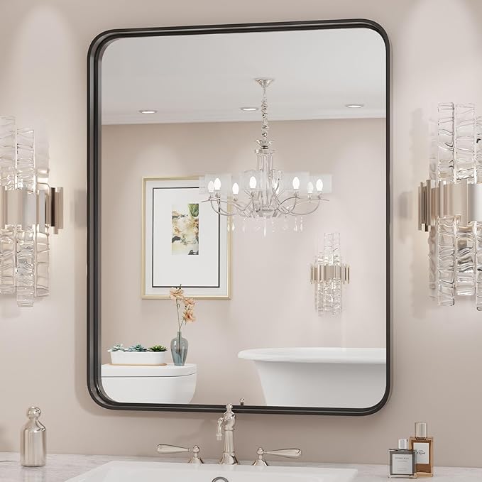 Sweetcrispy Black Bathroom Vanity Mirror for Wall, 24x36 Inch Metal Framed Wall Mirror Farmhouse Rectangle, Anti-Rust, Tempered Glass, Hangs Horizontally or Vertically