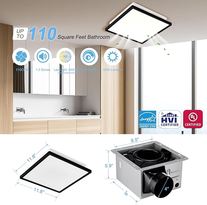 Tech Drive Modern Black Bathroom Exhaust Fan with Light, 110CFM, 1.2Sone, 1000lm Dimmable 3CCT LED Light, Energy Star Certified,Decorative Black Trim