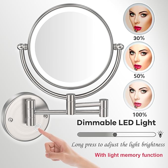 Premium 8" Brass Lighted Wall Mount Makeup Mirror with Magnification, 1X/5X Double-Sided Adjustable Bathroom Wall-Mounted Mirrors Swing Arm, Touch Dimming, Brushed Nickel Finish, Hard Wired