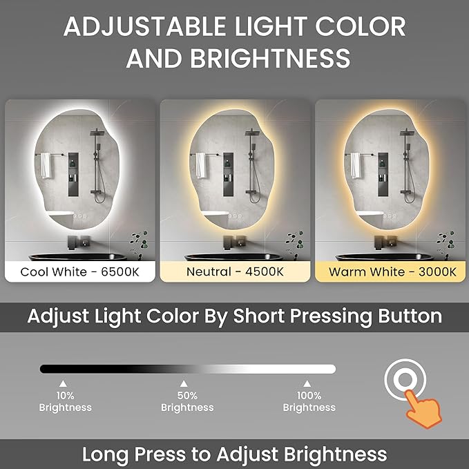 Irregular Led Bathroom Mirror with Bluetooth, 22 x 30 Inch Lighted Mirrors, Backlit Mirror with Anti-Fog, Memory Function, 3 Color Temperature, Dimmable Asymmetrical Led Mirror