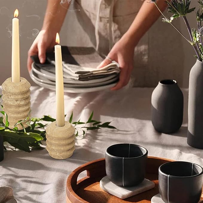 WORHE Candle Holders Italy True Natural Travertine Stone 0.4" Thick Set of 2 Marble Candlestick Holder for Christmas Wedding Dinning Party Candlestick Stand for 3/4 inch Candles Light Brown (WH034)