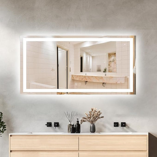 60 x 30 LED Vanity Mirror for Bathroom, Frontlit & Backlit LED Mirror for Bathroom with 3 Colour Lights, Wall Vanity Mirror with Anti-Fog, Shatterproof & Memory Function, Perfect for Modern Bathrooms