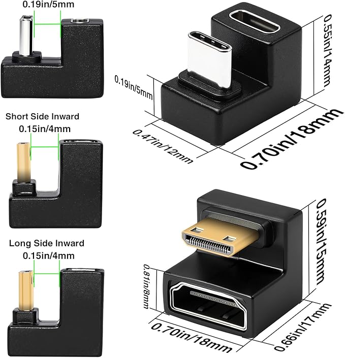 Duttek 8K 180 Degree Mini HDMI to HDMI 2.1 Adapter (Up&Down), 180 Degree USB C to USB C Adapter 10Gbps for Portable Monitor, Laptop, Tablet (4 Pack