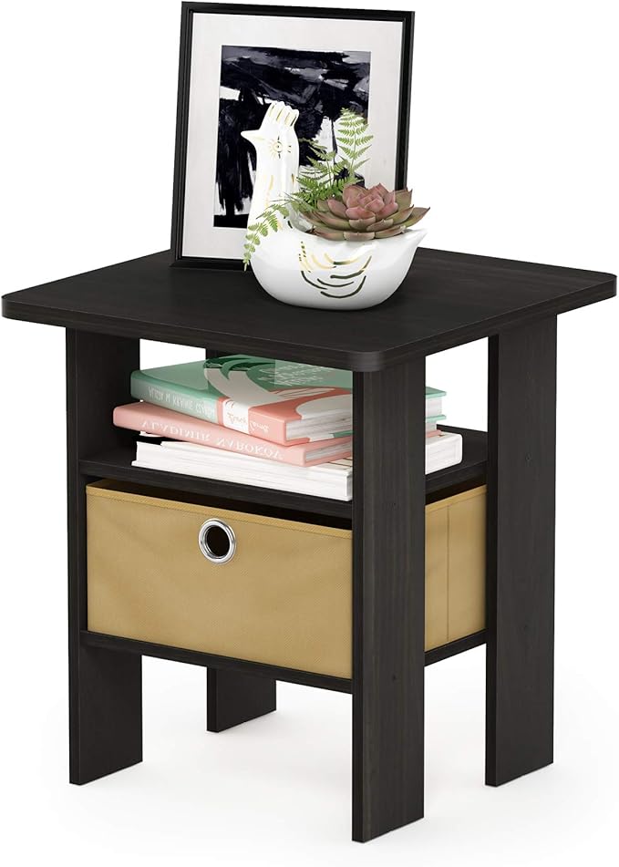 Furinno ANDREY Side Table, End Table, Night Stand with Open Shelves and Storage Bin, Bedside Table, for Living Room, Bedroom, Espresso