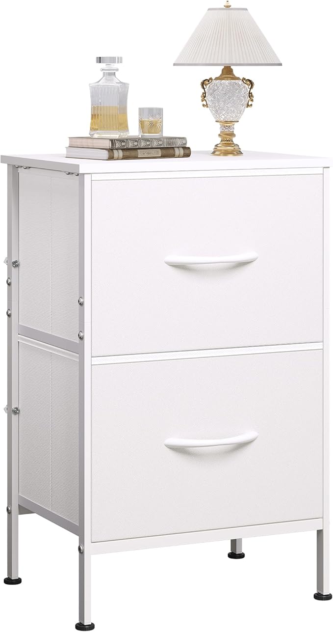 WLIVE White Nightstand, Night Stand with 2 Drawers, Small Dresser for Bedroom, Bedside Furniture, College Dorm, End Table with Fabric Bins, Dormitory, Size L