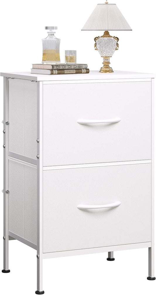 WLIVE White Nightstand, Night Stand with 2 Drawers, Small Dresser for Bedroom, Bedside Furniture, College Dorm, End Table with Fabric Bins, Dormitory, Size L
