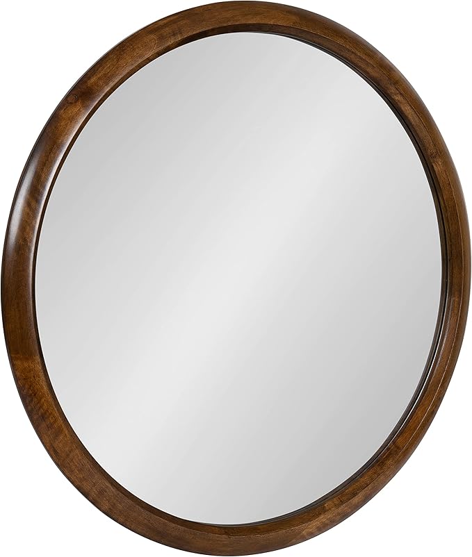 Kate and Laurel Pao Midcentury Modern Round Wood Wall Mirror; 28 Inch Diameter; Walnut; Decorative Circle Mirror with Warm Wood Finish for Robust Wall Decor