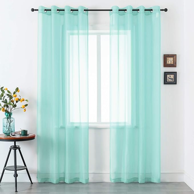 DUALIFE Aqua Blue Voile Sheer Grommet Curtains for Bedroom,Look Semi Sheer Windows Panels,Elegant Solid Color Touch Soft Drapes,52X96 Inch for Living Room 2 Panels(Seafoam Green)