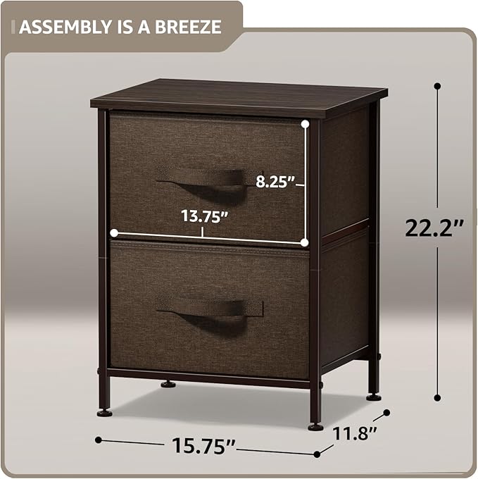 Sorbus Nightstand with 2 Drawers - Bedside Furniture End Table Night Stand with Steel Frame, Wood Top & Easy Pull Fabric Bins - Small Dresser & Chest for Home, Bedroom Accessories & Office