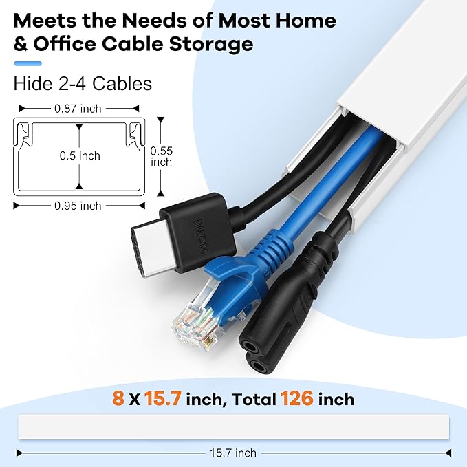 126in Cord Hider Kit, ZhiYo Cord Cover for Wall Mounted TV, Paintable Wire Cover for Cords, TV Cable Hider Wall Kit, Cable Cover Wire Management, White Cords Concealer, 8 x L15.7in W0.95in H0.55in