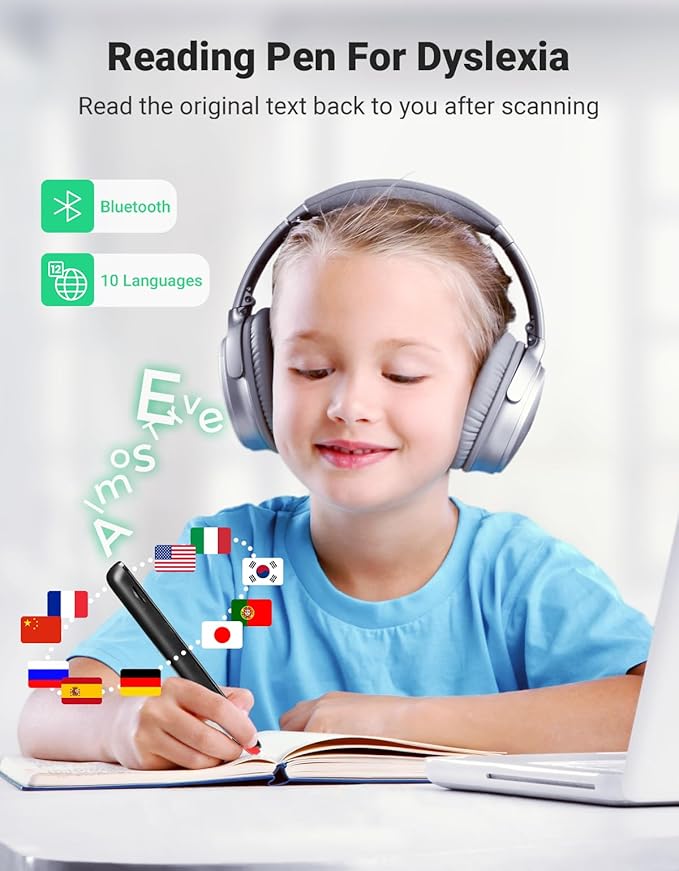 SVANTTO S2 Reader Translator Pen Scanner, Text to Speech Device for Dyslexia, OCR Digital Highlighter Pen, Exam, Bluetooth Langage Translator, No Monthly Fee（Black）