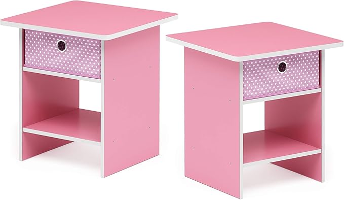 Furinno Dario End Table / Side Table / Night Stand / Bedside Table with Bin Drawer, 2-Pack, Pink/Light Pink