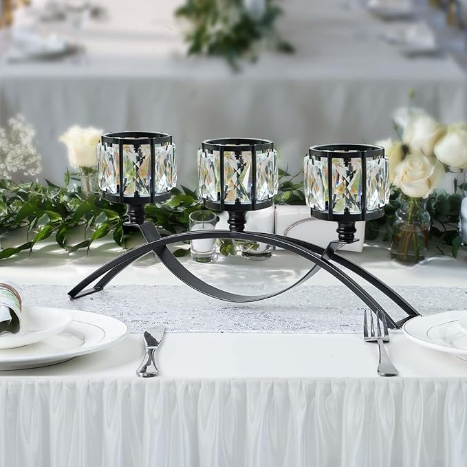 Black 3-Arm Crystal Candle Holders Arched - Elegant Tabletop Candelabra Centerpiece for Weddings, Dining Room Decor, Modern Home & Cabinet Display Housewarming