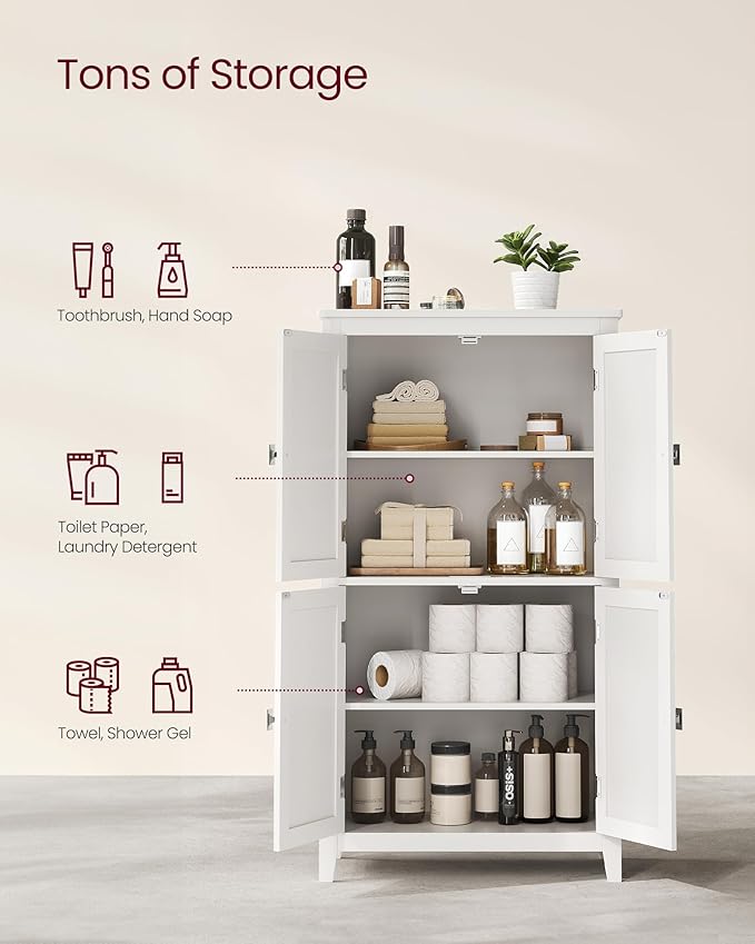 VASAGLE Floor Storage Cabinet, Freestanding Storage Unit with 4 Doors, Adjustable Shelves, 11.8 x 23.6 x 43.3 Inches, for Entryway, Bathroom, White UBBC552P31