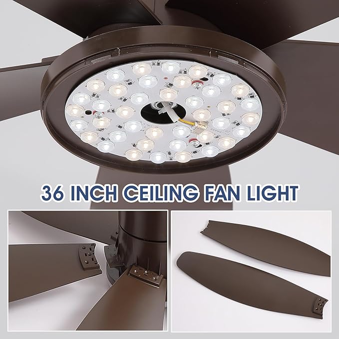 36IN Ceiling Fans with Light and Remote/APP Control, 5-Blade Reversible Motor Ceiling Fan, 3-Color Dimmable Lighting, All-Brown Finish