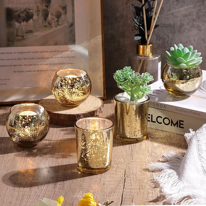 DEVI 24pcs Assorted Gold Votive Candle Holders, Mercury Glass Candle Holder, Diwali Decorations, Gold Wedding Centerpieces for Tables, Gold Bridal Shower PartyTable Decorations